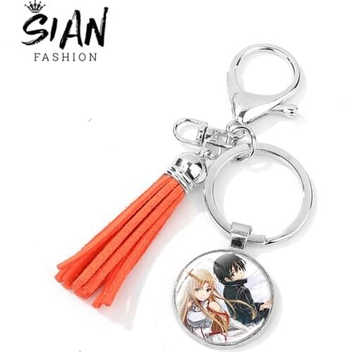 SIAN Exquisite Anime Keychain Sword Art Online Series Sinon Kirito Cosplay Figure Printed Fashion Leather Tassel Keyring Pendant