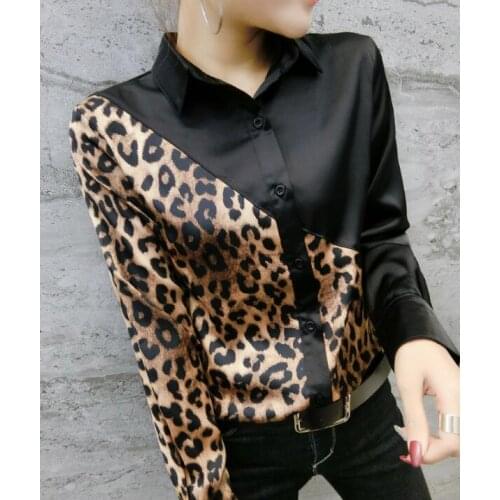 Womens Spring Autumn Leopard Print Imitation Silk Shirt Tops Female Sexy Contrast Color Plus Size Satin Blouse Tees 3XL TB611
