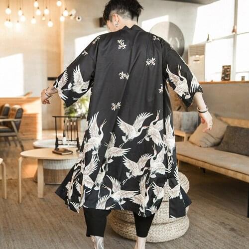 Large Size 5XL Men Long Kimono Cardigan Crane Print Samurai Costume Clothing Male Casual Outerwear Summer Cosplay Streetwear