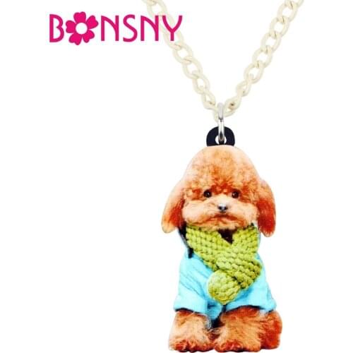 Bonsny Acrylic Scarf Fluffy Teddy Poodle Dog Necklace Pendant Chain Choker Cute Animal Jewelry For Women Girls Teens Accessories