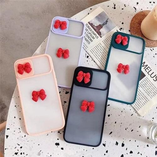For iPhone 12 11 Pro Xs Max XR 7 8 6 Plus Case Bow Sliding Small Window Protect Camera Matte Translucent TPU Phone Case