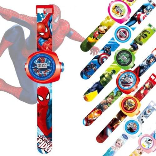 Disney Spider-Man Childrens Cartoon Watch Anime figure Mickey Iron Man 20 Figure 3D Projection Electronic Watch Birthday Gifts
