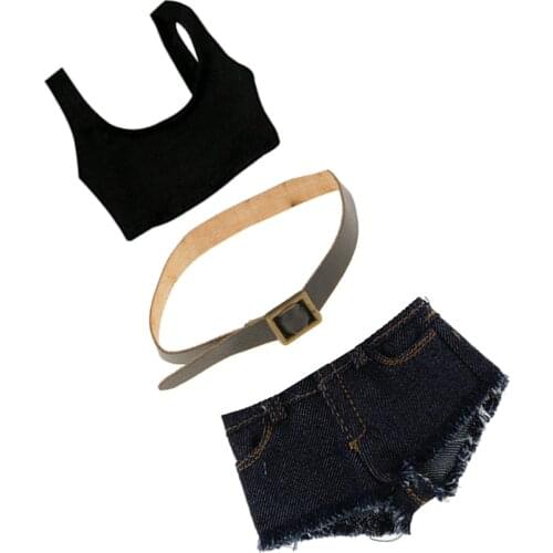 1/6 Scale Black Vest Blue Jeans Shorts Set Fit 12" Female Action Figure Body