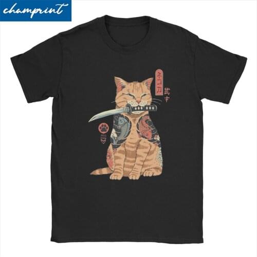 Catana Cat Men Womens T Shirts Japanese Japan Retro Samurai Yakuza Awesome Tee Shirt O Neck T-Shirts 100% Cotton 6XL Clothes