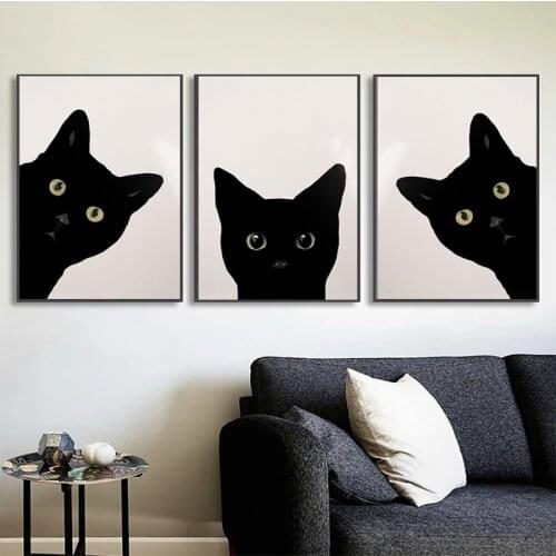 Cute Black Cat Canvas Paintings Animal Posters Minimalist Portrait Wall Art Pictures for Living Bedroom Home Artwork Decoration