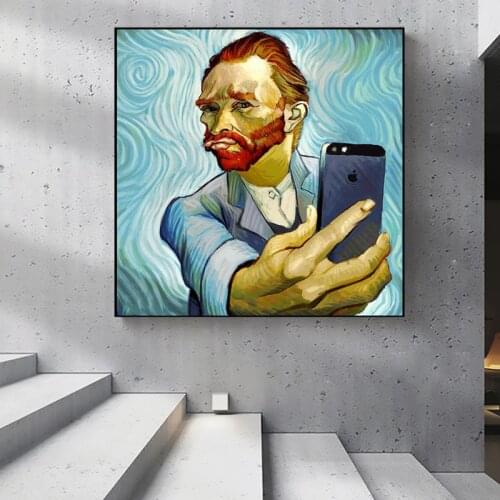 Van Gogh Selfie By Phone Canvas Paintings Abstract Funny Posters and Portrait of VanGogh Prints Wall Art Pictures for Home Decor