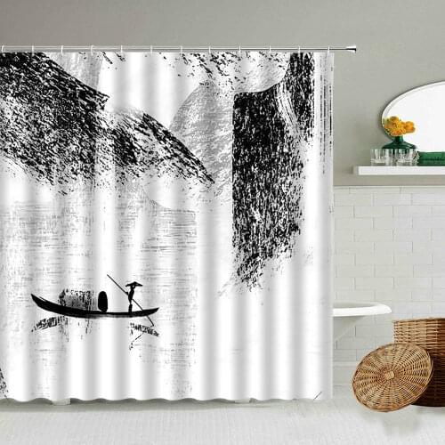 Chinese Traditional Ink Landscape Painting Shower Curtain Black And White Drawing Art Bathroom Decoration Waterproof Curtains