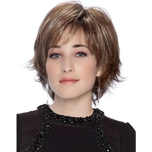 Louise Hair Pixie Short Ombre Brown Mixed Blonde Natural Curly with Bangs Synthetic Hair Wigs for White Women