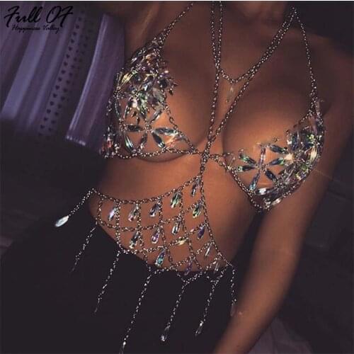 Sexy metal Body Chest chain Crop Tops Women Summer Beach Halter Bling Two piece shirt Sequin luxury Nightclub queen Tank top bra