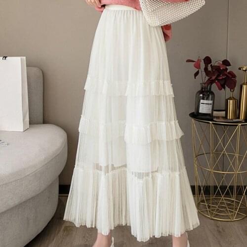 Gauze Cake Skirt Womens 2021 Spring and Summer New High Waist Slimming Skirt Mid-Length Pleated Fairy Layered Skirt