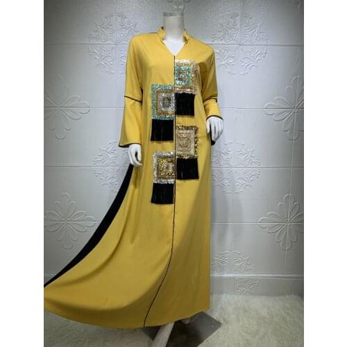 Fashion Muslim Women Clothing Ethnic Stand Collar Long Dress Sequins Moroccan Kaftan Dubai Turkey Arab Middle East Islam Robe