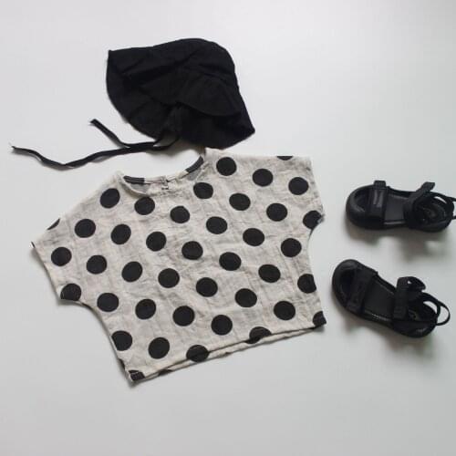 Summer New Children Linen Cotton Tops Korean Style Kids Clothes Short-sleeved Baby Girls Polka Dots Blouses Soft Loose Shirts