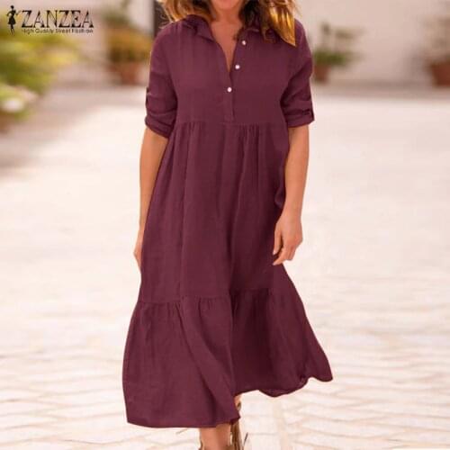 ZANZEA Autumn 2021 Women Lapel Cotton Linen Dress Long Sleeve Shirt Vestido Ladies Long Maxi Dress Work OL Sundress Robe Femme