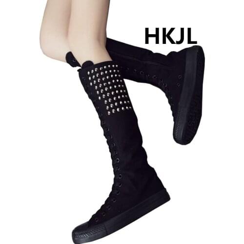 2019 new Korean fashion punk rivet wild dance tie side zipper super high long tube canvas shoes