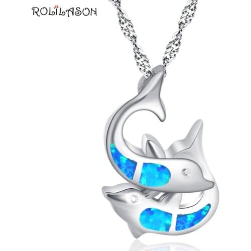 ROLILASON specially designed two fish shape silver color stamped blue opal necklace pendant to give girlfriend the best gift