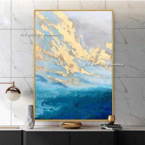 Handpainted Modern Gold Foil Blue Sky Landscape Handmake Oil Painting On Canvas Wall Art Picture Home Decor For Living Room