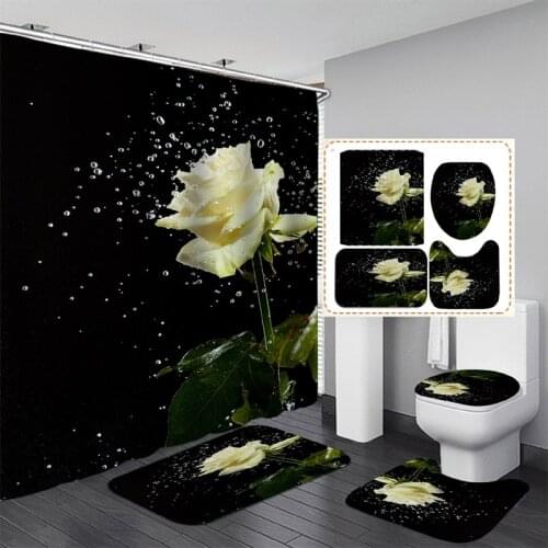 3D Water Drop Flower Pattern Waterproof Shower Curtain Non-slip Cushion Toilet Cushion U-shaped Cushion Bathroom Essential Set