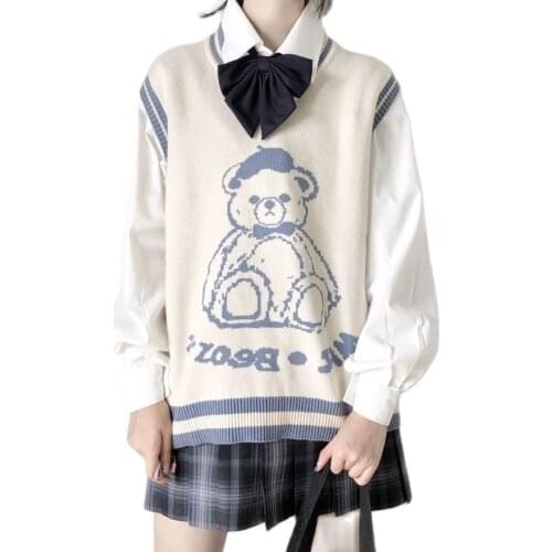 Kawaii Pink Cartoon Knitted Sweater Vest Y2k Preppy Style Oversized Sleeveless Knit Vest Korean Fashion Women Clothing Tops 2021