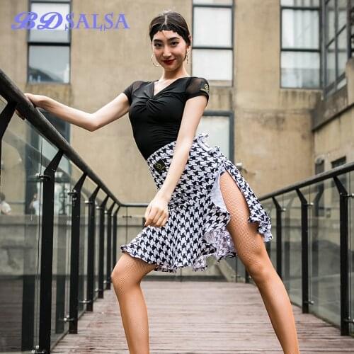 Latin Dance Skirt Short Skirt Profession Female Adult Dance Practice Clothes Sexy Skirt YS118 Irregular Black white Houndstooth