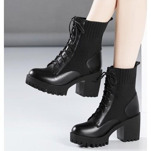 Plus Size 32-43 Square Heel Platform Boots Women Shoes Winter Fall 2021 High Heels Motorcycle Boots Leather Fur Ankle Boots