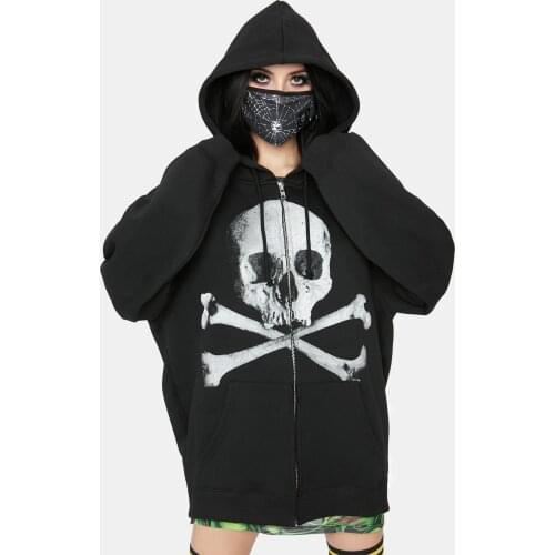Women’s Zip Up Hoodies Stylish Skull Graphic Long Sleeve Oversized Drawstring Sweatshirts
