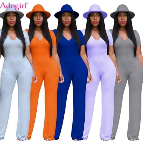 Adogirl Women Solid Loose Jumpsuit Sexy Deep V Neck Short Sleeve Casual Romper Straight Pants Fashion Summer Overalls Drop Ship