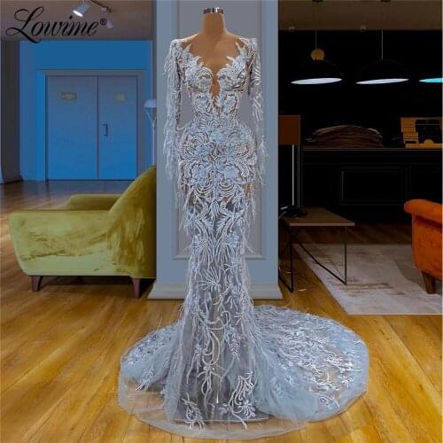Feathers Mermaid Party Dress 2020 New Arrival Dubai Arabic Long Train Evening Gowns Lace Muslim Prom Dresses Robe De Soiree