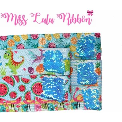 3"75mm Fruit Series Summer Watermelon Cartoon Flamingo Dinosaur Printed Double Reversible Blue Sequin Ribbon DIY Hairbow 46yards