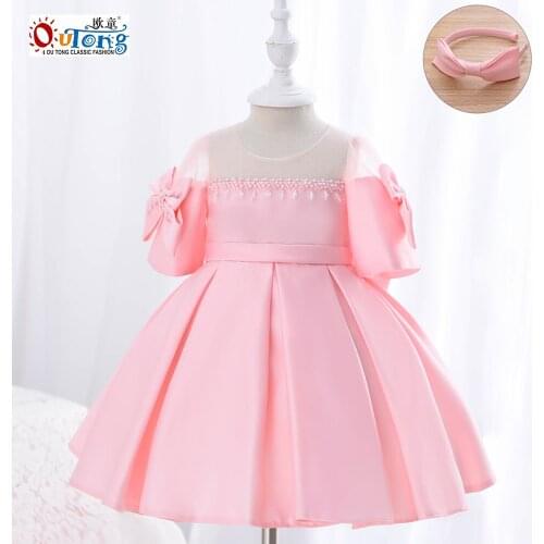 Outong Girls Party Dresses Kids Princess Pearl Beeding Bow Summer Kids Clothes Baby Girl With Headband For Wedding Dress 2021