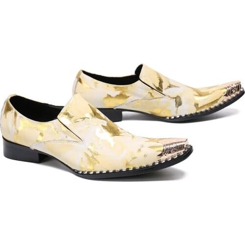 Ins Italian Style Business Formal Men Dress Shoes Glitter Gold White Dance Shoes Pointed Steel Toe Luxury Shoes Men size 38-47