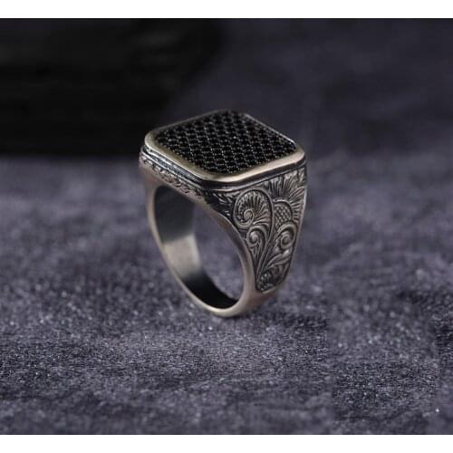 Dark Zircon 925 Sterling Silver Engraved Traditional Handmade Turkish Signet Ring Jewelry Gift for Women Men