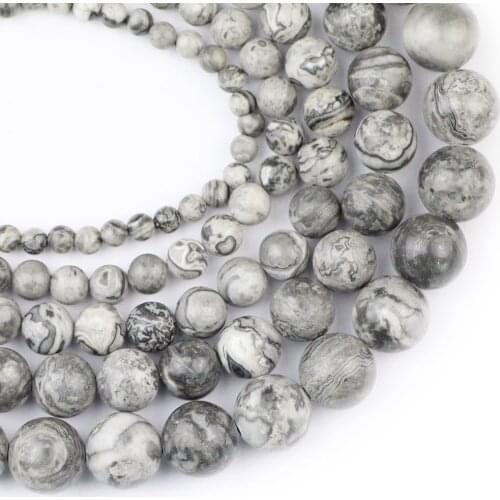 YHBZRET Natural Grey Map Stone Round Spacer Loose Beads For Jewelry making 4/6/8/10/12MM DIY charm Bracelet Material Accessories