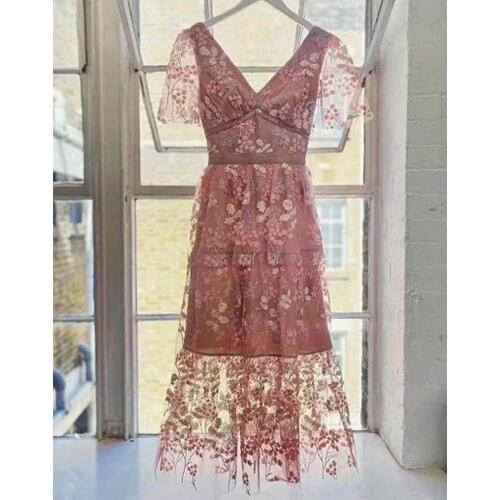 2021 Summer New Arrive Floral Sequins Women Gauze Midi Dress Short Sleeve V Neck Lady Party Dress