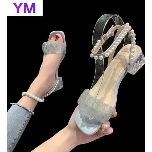 Ankle-wrap Summer Silk Lace Gladiator Sandals Pearl Women Square Heel Party Wedding High Heel Sandals Open Casual Blue Sandals