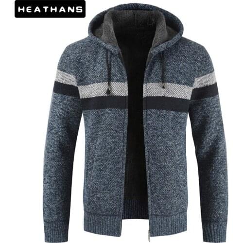 Sweater Coat Mens Winter Thicken Warm Hooded Cardigan Jumper Male Striped Wool Liner Zipper Fleece Sweater Coat Men Hoodies Top