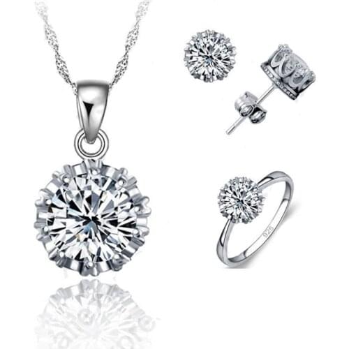Hot Sale 925 Sterling Silver Jewelry Sets CZ Cubic Zirconia Necklace/Stud Earring/Ring Set Wholesale Big Sizes Party Gifts