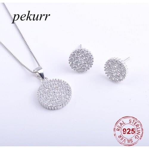 Pekurr 925 Sterling Silver Paved Zircon Gems Round Earrings Necklace Sets For Women Luxurious Crystal Pendants Jewelry Sets
