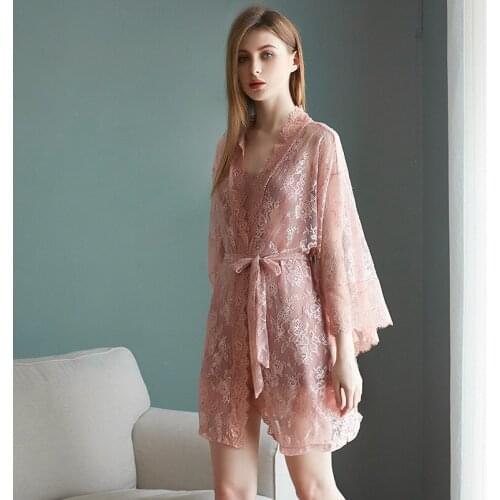 Sexy Faux Silk Women Robe Sets Bride Lace Solid Kimono Gown 2PCS Sleeveless Strap Nightie Thin Casual Mini Sleepwear Loungewear