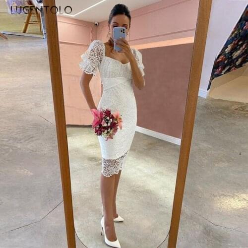 Women Elegant Dress Slim Party White Lace Dresses Female Sexy V-neck Fashion Short Sleeve Summer Thin Pencil Dress