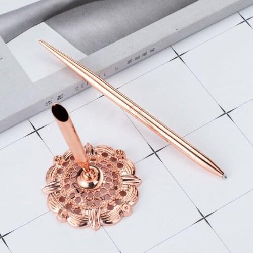 Retro Metal Ballpoint Pen Attached Base Stand Desk Office Counter Wedding Guest Sign Signature Pens