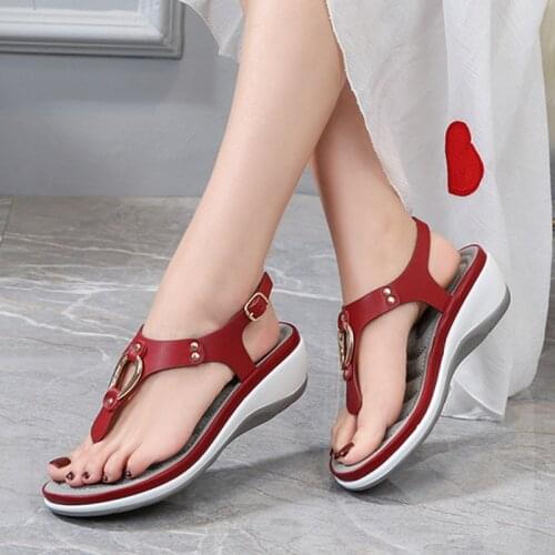 Women Wedge Sandals 2021 Summer Beach Solid Color Flip Flops For Women Clip Toe Ladies Shoes Buckle Strap Low Heel Sandals