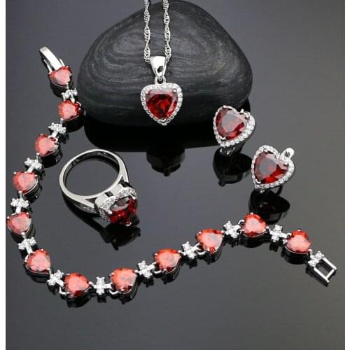 Heart Shaped Jewelry Sets Of 925 Silver For Bride Red Cubic Zirconia White Crystal Earrings/Pendant/Necklace/Ring/Bracelet