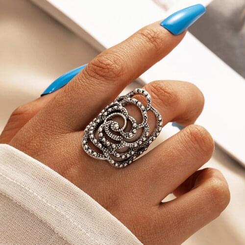 HuangTang Vintage Big Flower Single Ring for Women Silver Color Alloy Metal Joint Midi Ring Charming Weddings Jewelry Gift