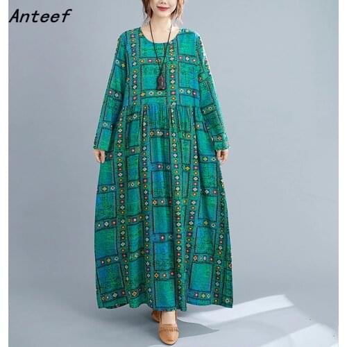 Long sleeve plus size cotton linen vintage floral for women casual loose autumn dress elegant clothes 2021 ladies dresses