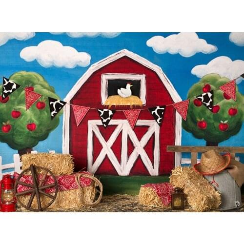 Red Barn Door Flag Apple Tree Blue Sky White Clouds photography backgrounds High quality Computer print party backdrops