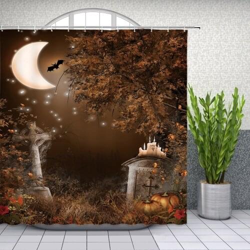 Halloween Shower Curtains Pumpkin Bat Tombstone Horror Night Wild Scenery Moon Stars Kids Holiday Themed Bathroom Cloth Curtain