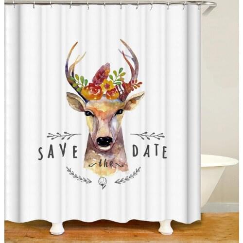 Animal Shower Curtain Save the Date Deer Flowers Pattern Bath Accessories with Hooks Waterproof Polyester Fabric Bathroom Decor