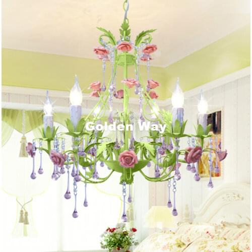 Green European Chandelier lamp Lustre Light 6L/8L Sizes Pink Rose Flower Chandelier Light Fixture E14 Decoration Chandelier
