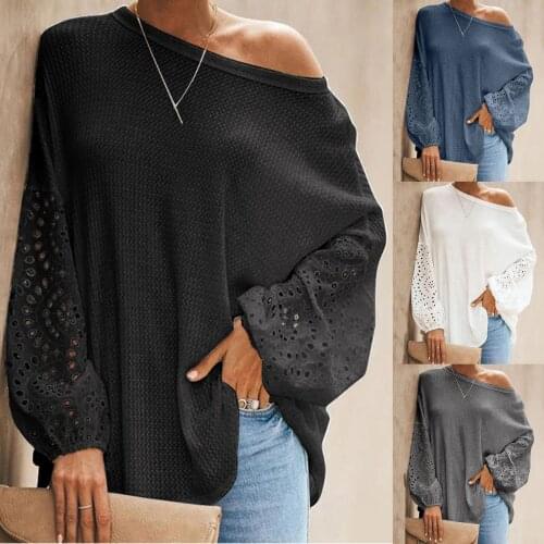 Sexy Lace Hollow out Loose Top Blouse Women Fashion Long Sleeve O Neck Streetwear Shirts Female Off Shoulder Plus Size Blouse