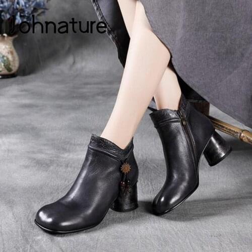 Johnature Genuine Leather Zip Ankle Boots Women Shoes Round Toe 2021 New Autumn Leisure Sewing Handmade Concise High Heel Boots
